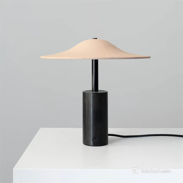 Table Lamp With Light Pink Umbrella Shaped Shade And Black Cylindrical Base On White Table 3d model 