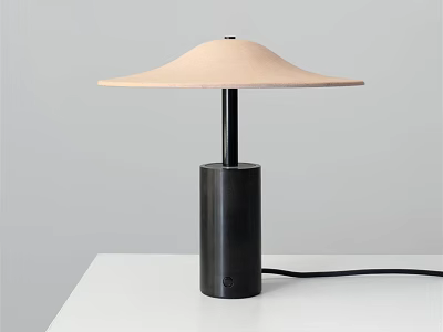 Table Lamp With Light Pink Umbrella Shaped Shade And Black Cylindrical Base On White Table 3d model