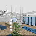 Modern Reception Area With Blue Front Desk Green Plants Blue Sofas And Large Windows