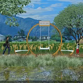 Garden Ornamental Circular Swing Installation with Natural Landscape Mountains Trees Pond and People Interacting