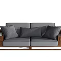 Modern Wooden Sofa And Coffee Table Set With Gray Cushions And Decorative Side Tables 3d model