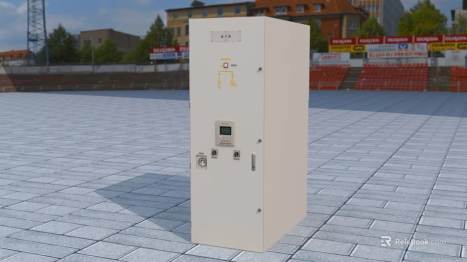 White Industrial Control Cabinet Standing In Outdoor Square With Buildings And Red Seats 3d model 