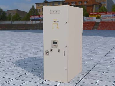 White Industrial Control Cabinet Standing In Outdoor Square With Buildings And Red Seats 3d model