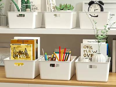 White Plastic Storage Baskets for Organizing Books Stationery and Plants on Home Shelf 3d model