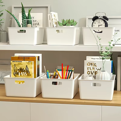 White Plastic Storage Baskets for Organizing Books Stationery and Plants on Home Shelf 3d model