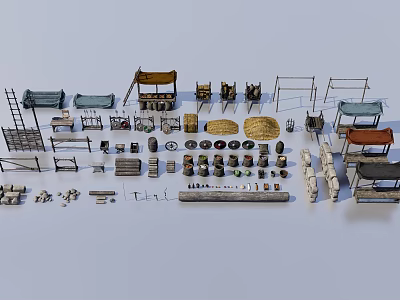 Various Public Facilities Including Market Stalls Wooden Seats Storage Racks And Baskets 3d model