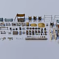 Various Public Facilities Including Market Stalls Wooden Seats Storage Racks And Baskets