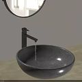 Natural Stone Bathroom Basin With Black Faucet Water Dripping And Round Mirror