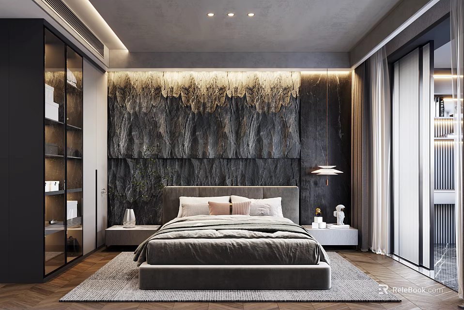 Modern Bedroom Interior Featuring Textured Wall Platform Bed Nightstands Pendant Light Wooden Flooring Large Windows 3d model 