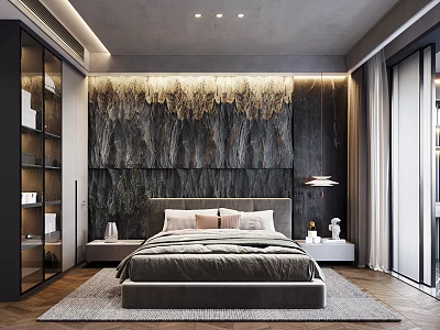 Modern Bedroom Interior Featuring Textured Wall Platform Bed Nightstands Pendant Light Wooden Flooring Large Windows 3d model