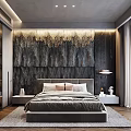 Modern Bedroom Interior Featuring Textured Wall Platform Bed Nightstands Pendant Light Wooden Flooring Large Windows