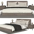 Modern Wooden Double Bed With White Gray Bedding Pillows Bedside Tables And Lamps