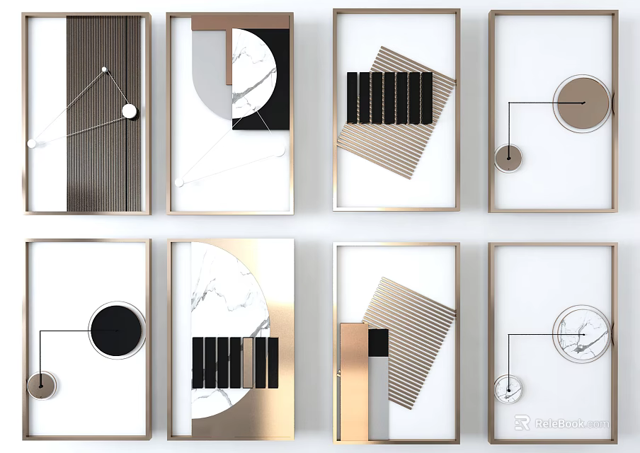Modern Geometric Wall Decor with Gold Frames Black White Patterns and Marble Accents 3d model