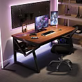 Modern Gaming Desk Setup With Dual Monitors Headphones RGB PC And Decorative Lighting