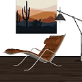 Leather Chaise Lounge with Metal Frame near Floor Lamp and Cactus Artwork on Wooden Floor