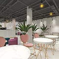 Modern Cafe Interior Design With Green Plants Wooden Shelves And Comfortable Seating