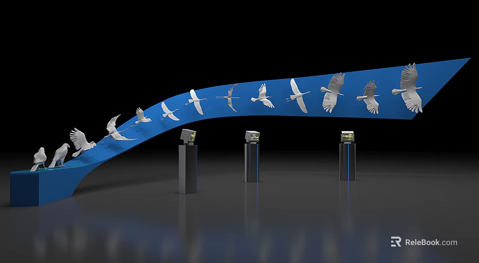 Modern Curved Display Shelves Featuring White Bird Decorations And Metal Pillars 3d model 