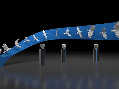 Modern Curved Display Shelves Featuring White Bird Decorations And Metal Pillars 3d model