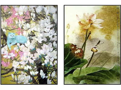 Artistic Botanical Paintings With White Pink Flowers Lotus Bloom And Insect 3d model