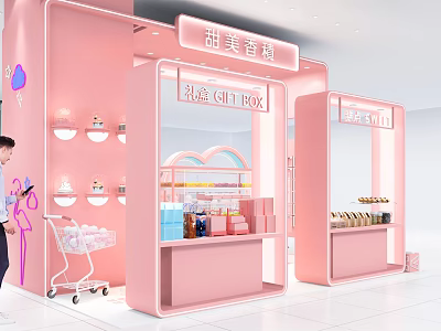 Pink Bubble Tea Shop With Neon Lights And Display Shelves For Drinks And Cups 3d model