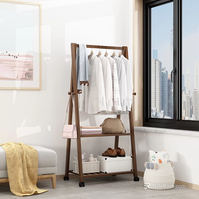 Wooden Multi Tiered Clothing Rack with Hanging Shirts Shoes and Storage 3d model 