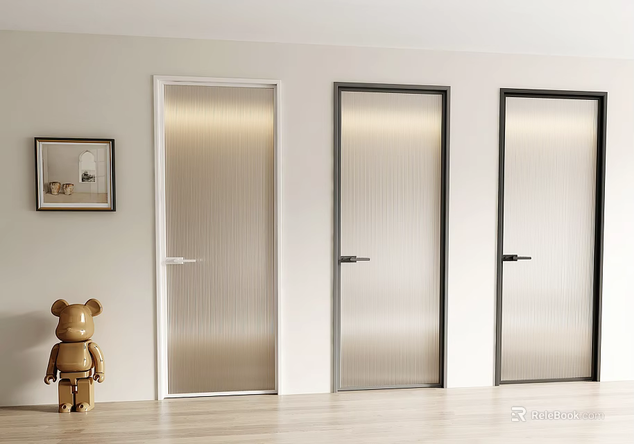 Modern Interior With Glass Swing Doors Featuring Vertical Stripes And White Frames 3d model