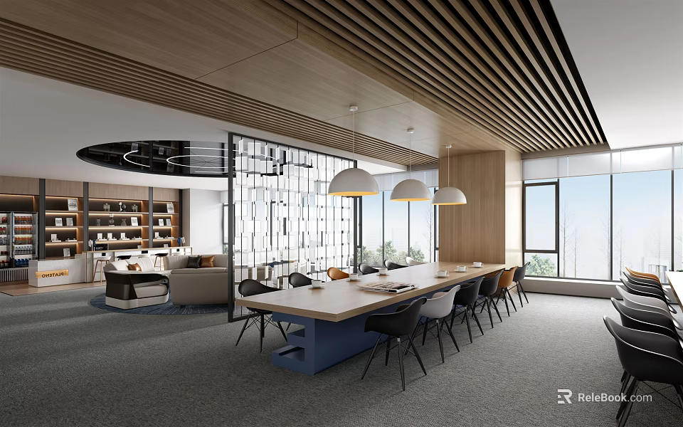 Modern Lounge Area With Long Table Chairs Pendant Lights Bookshelves Sofa And Large Windows 3d model 
