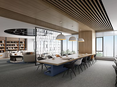 Modern Lounge Area With Long Table Chairs Pendant Lights Bookshelves Sofa And Large Windows 3d model