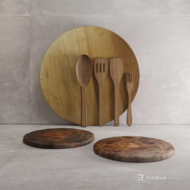 Natural Wooden Kitchenware Set With Spoon Spatula Fork Cutting Board And Plates 3d model 
