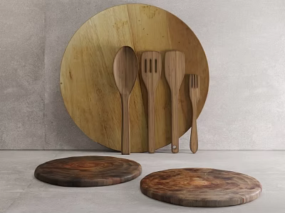 Natural Wooden Kitchenware Set With Spoon Spatula Fork Cutting Board And Plates 3d model