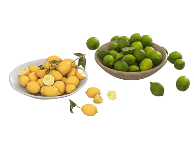 Fresh Lemons on White Plate and Limes in Wooden Bowl with Scattered Fruits 3d model