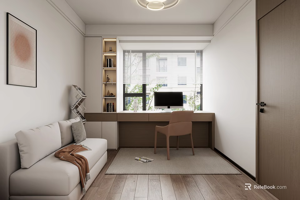 Modern Home Office Interior With Bookcase Desk Computer Sofa And Natural Light 3d model 
