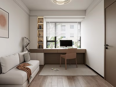 Modern Home Office Interior With Bookcase Desk Computer Sofa And Natural Light 3d model
