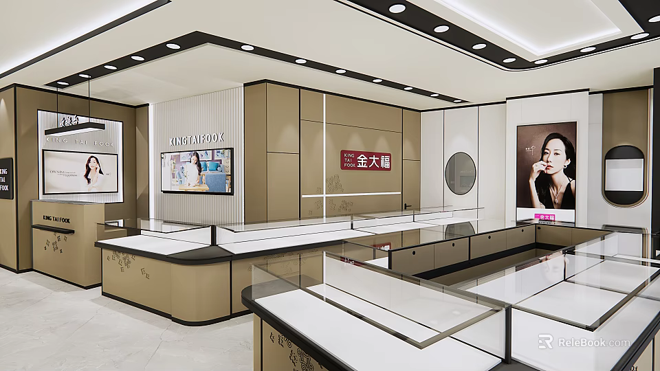 Luxury Jewelry Store Interior With Glass Display Counters And Brand Signs 3d model 