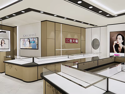 Luxury Jewelry Store Interior With Glass Display Counters And Brand Signs 3d model