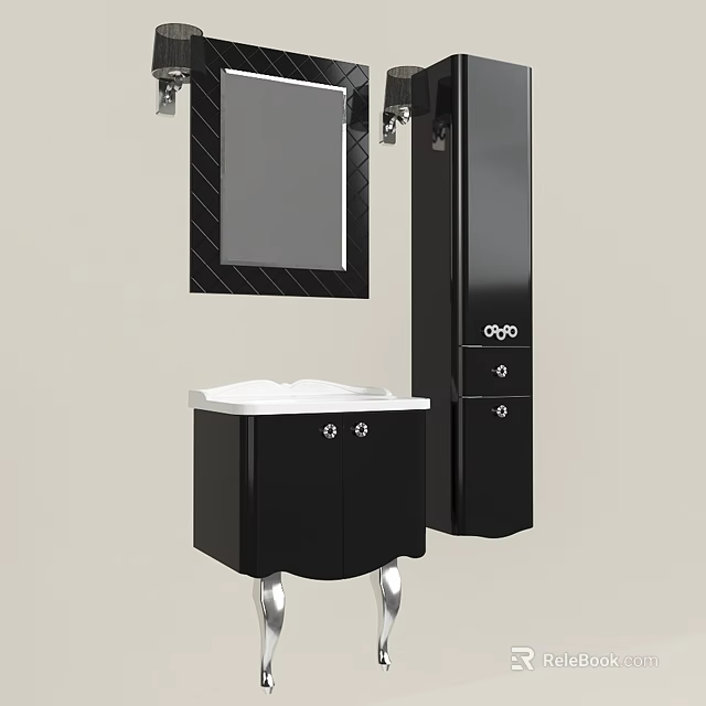 Modern Black Washbasin Vanity With Mirror Cabinet And Sleek Design 3d model 