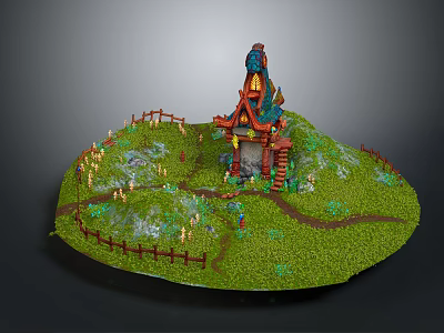 Fairy Tale Style House With Colorful Roof On Green Grassland Stone Pathway And Wooden Fence 3d model
