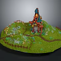 Fairy Tale Style House With Colorful Roof On Green Grassland Stone Pathway And Wooden Fence