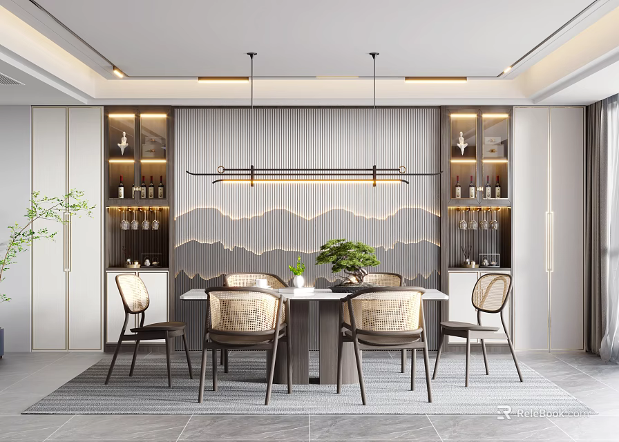 Modern Restaurant Interior With Wavy Wall Wine Cabinets Dining Table And Pendant Lights 3d model