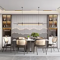 Modern Restaurant Interior With Wavy Wall Wine Cabinets Dining Table And Pendant Lights
