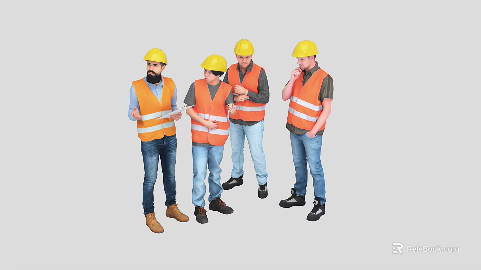 Group of Construction Workers Wearing Yellow Hard Hats And Orange Safety Vests Discussing Construction Work 3d model 