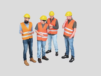 Group of Construction Workers Wearing Yellow Hard Hats And Orange Safety Vests Discussing Construction Work 3d model