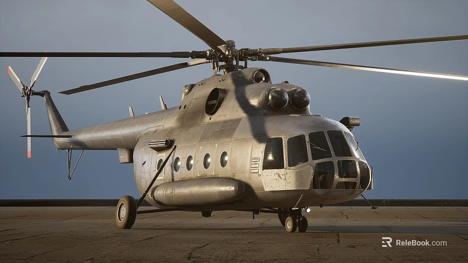 Silver Metallic Helicopter With Extended Rotors Parked On Ground And Multiple Windows 3d model 