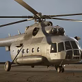 Silver Metallic Helicopter With Extended Rotors Parked On Ground And Multiple Windows