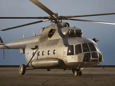 Silver Metallic Helicopter With Extended Rotors Parked On Ground And Multiple Windows 3d model