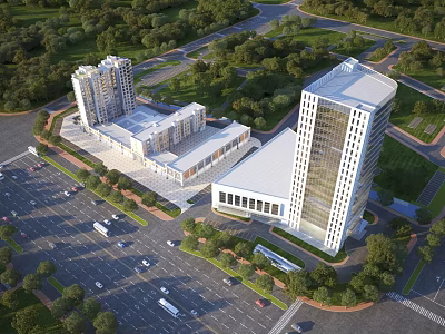 Modern Urban High Rise Building Complex With Parking Greenery And Roads 3d model