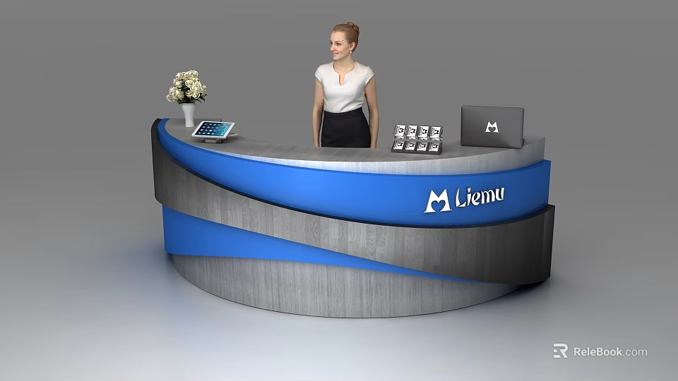 Blue And Gray Reception Desk With Tablet White Flower Vase Leaflets Laptop And Menu Logo 3d model 
