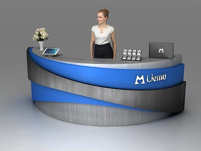 Blue And Gray Reception Desk With Tablet White Flower Vase Leaflets Laptop And Menu Logo 3d model