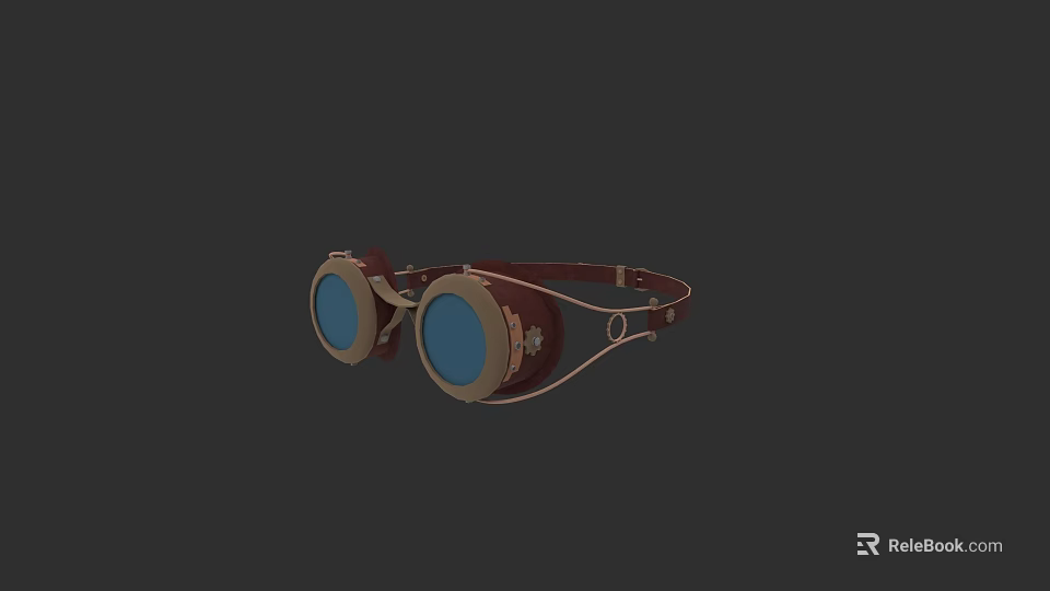 Model Wearing Steampunk Style Goggles With Brown Frame Blue Lenses And Leather Strap 3d model 