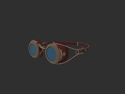 Model Wearing Steampunk Style Goggles With Brown Frame Blue Lenses And Leather Strap 3d model